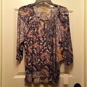 Nwt One World blouse S blue multi color roundneck 3/4 sleeve